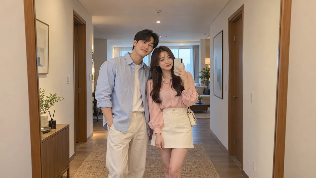 两名成年情侣在公寓玄关镜前并肩合照，女生穿粉色上衣并举起手机