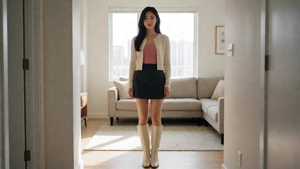 穿白色开衫与深色短裙的成年女性站在明亮客厅门边